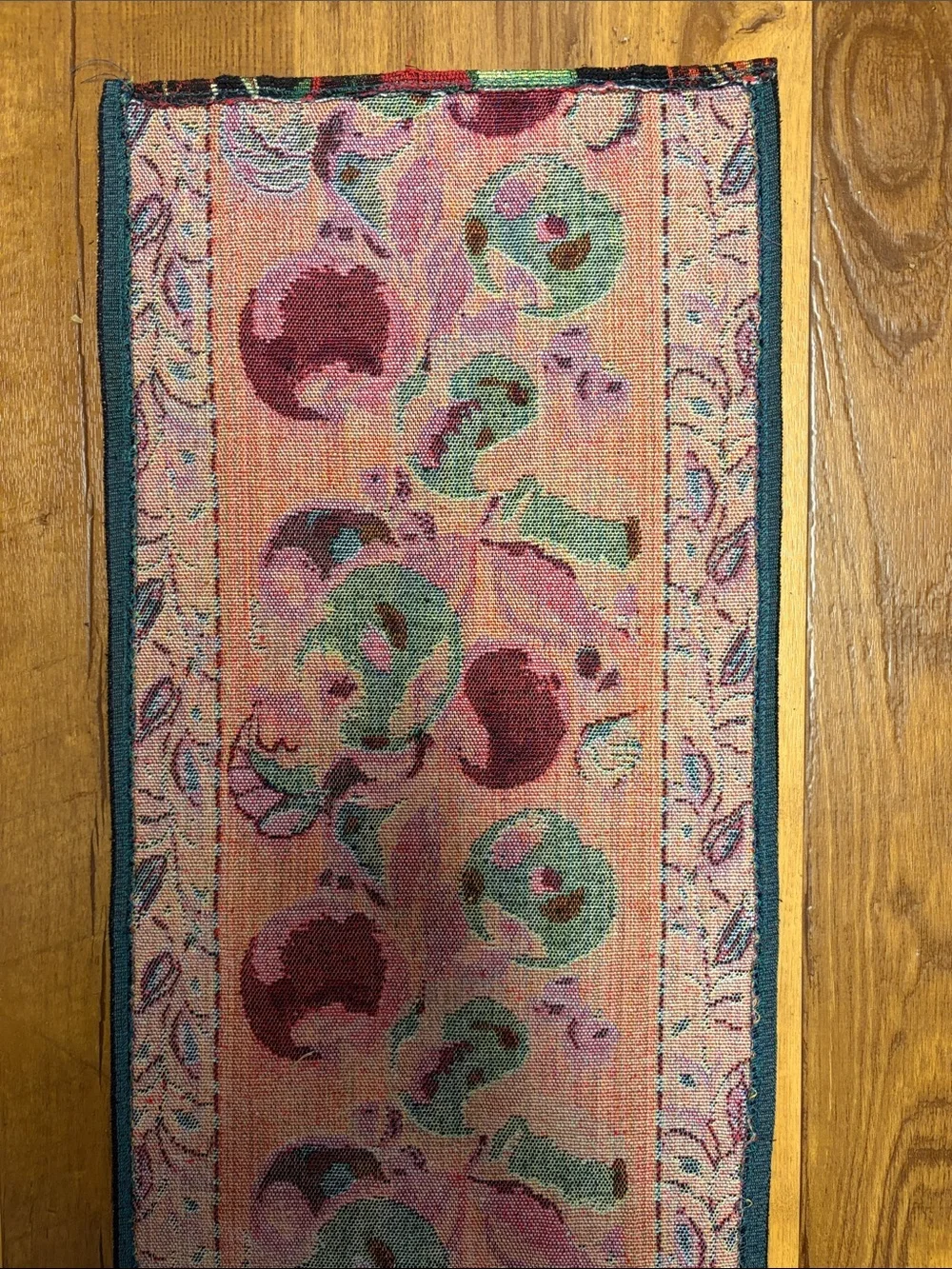 Vintage Tapestry Table Black Runner with Red and Green Apple Motif 64x12.5 EUC